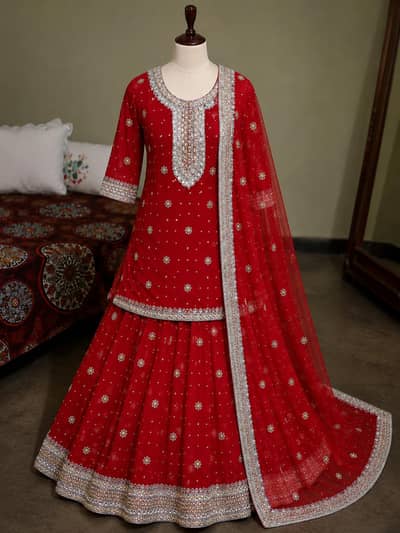“Red Lehenga Kameez Dupatta – Heavy Embroidered Bridal Dress”