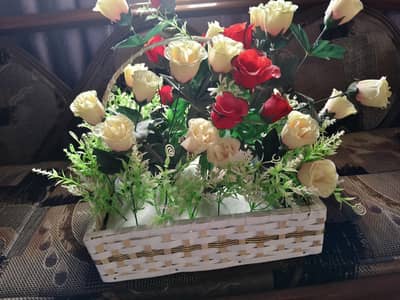 • Artificial Red and Cream Rose Basket • Fau