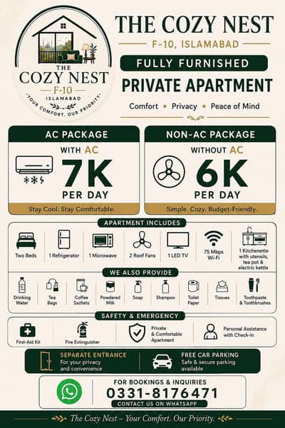 Fully furnished portion for daily & weekly basis