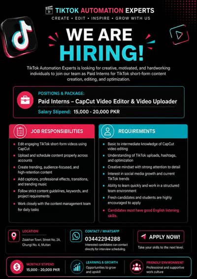 Hiring TikTok Editor & Content Uploader