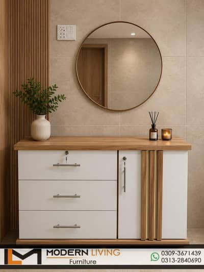 Dressing Table 3 Storage Drawers Round Mirror