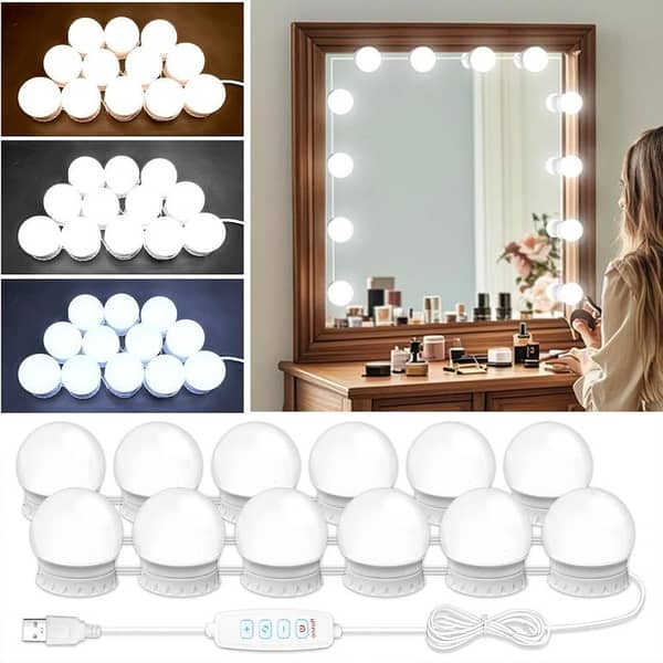 LED Vanity Mirror Lights with 10 Stick On Dimmable Bulbs, Brightness Levels Adjustable, Plug in USB Cable, Hollywood Style Mirror. . .