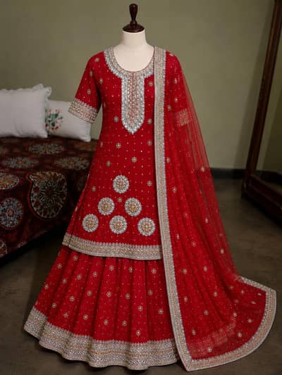 “Red Lehenga Kameez Dupatta – Heavy Embroidered Bridal Dress”