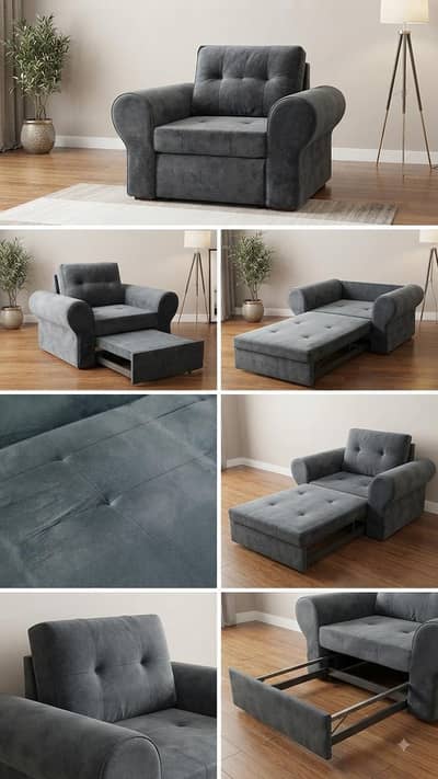 Grey Velvet Convertible Armchair / Single Sofa Bed (Urgent Sale)