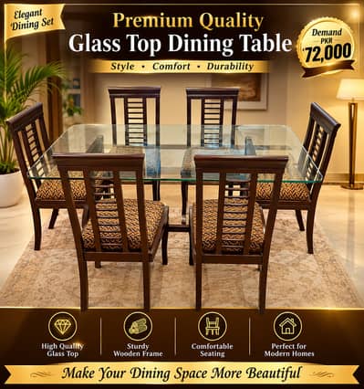 Solid Wood 6-Chair Dining Table Set with Glass Top