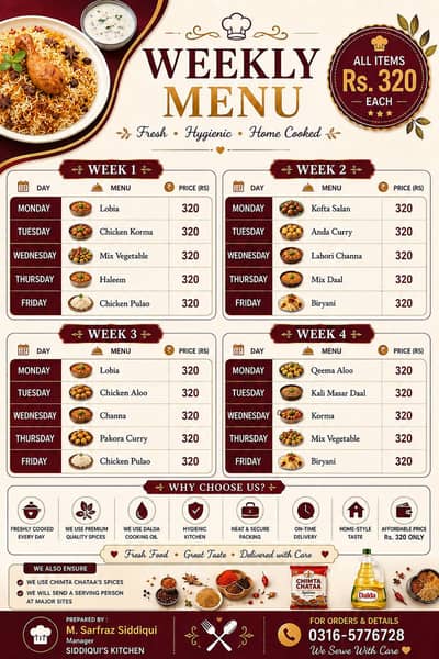 Daily Home Cooked Food / Weekly Lunch Menu – Rs. 320 Per Head