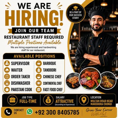 Restaurant Staff Required – Male staff required _ In Lahore
