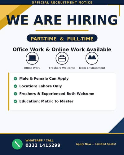 Urgent Hiring – Male & Female Staff, Lahore