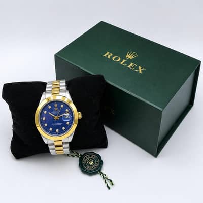 Electric Blue diamond watches for man with Gold Bezel & silver bracele