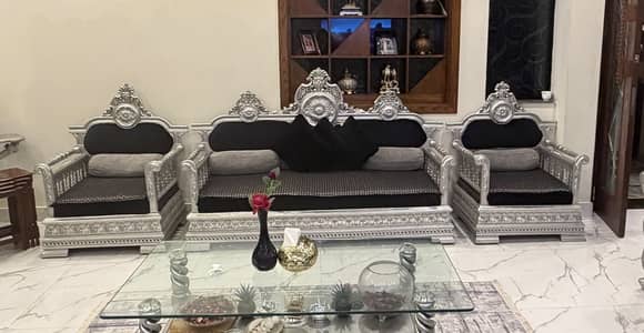 Luxury Silver Carved Sofa Set Black Valvet