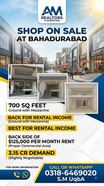 Shop on sale at bahadurabad 700 sq feet ground with mezzanine