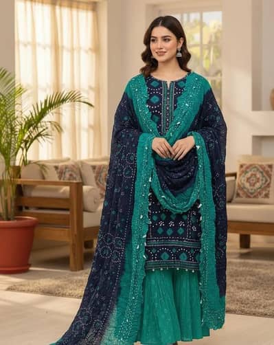 unstitched printed linen 3 piece suit green navy blue free delivery