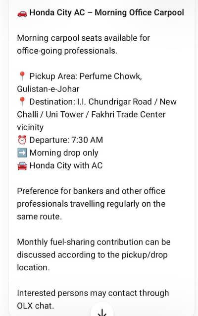 Morning Office Carpool – Johar to I. I. Chundrigar / New Challi