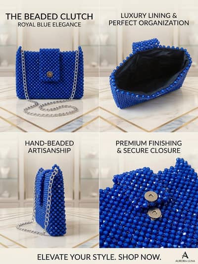 Hand made royal blue beaded shoulder bag/clutch with silver chain