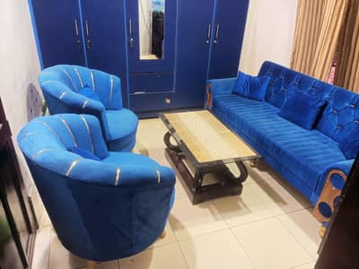 Blue Velvet Sofa Set – Only 6 Months Used