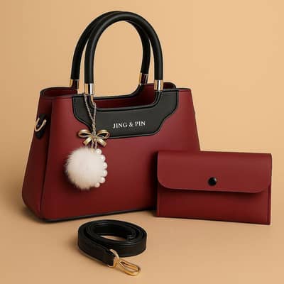 Pink& Navy Blue Rexine Handbag Set With Detachable Strap