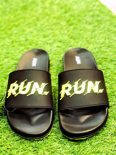 Men's Premium Black RUN Printed Slide Slippers | Lightweight Soft