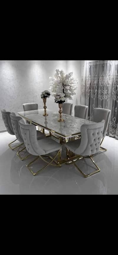 Arora luxury Velvet dining set with marble top & gold geometric base