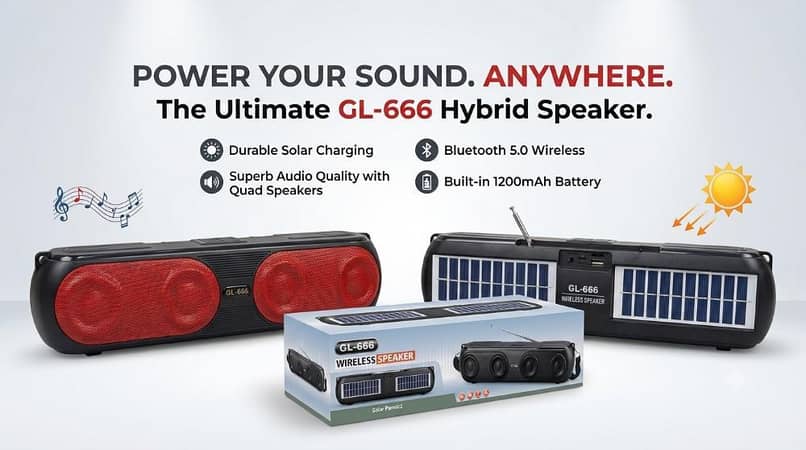 GL-666 Solar Wireless Hybrid Speaker – Bluetooth 5.0, Quad Drivers & 1200mAh Battery