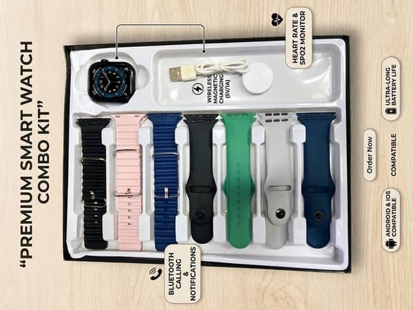 Smart Watch Combo Kit – 7 Interchangeable Straps, Bluetooth Calling & Wireless Charging