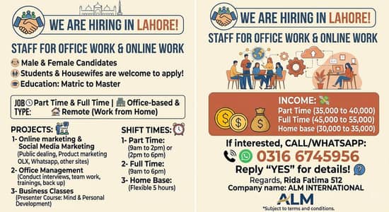 Office & Online Staff Required in Lahore | Part-Time & Full-Time