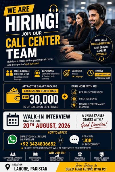 Sales Call Center Staff required
