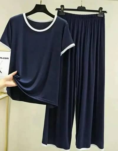 Plain Blue T shirt with white Round Neck and Plazo Pajama Half Sleeve.