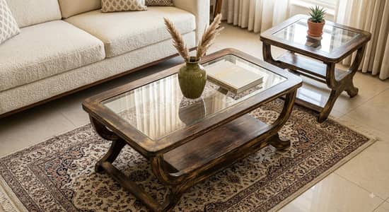 Antique Gold Distressed Wood & Glass Table Set (Unique Curved Legs)
