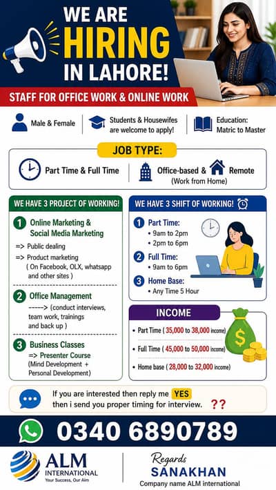We Are Hiring For Lahore Staff Male & Female
