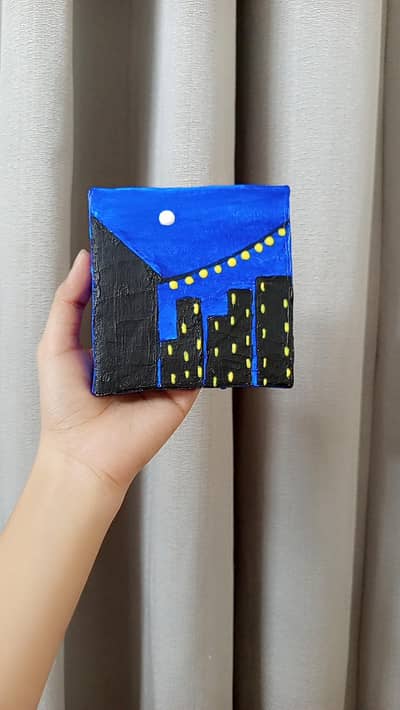 Handmade Mini Canvas Painting – City Skyline Night View.