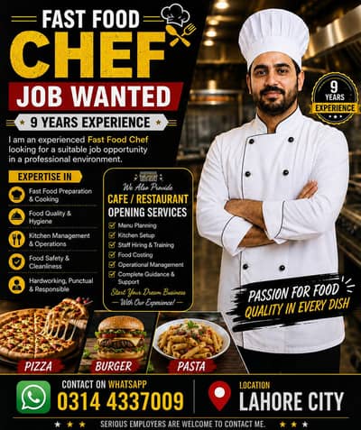 Am FAST FOOD CHEF WITH 9 YEARS OF PROFESSIONAL  EXPERIENCE IN FASTFOOD