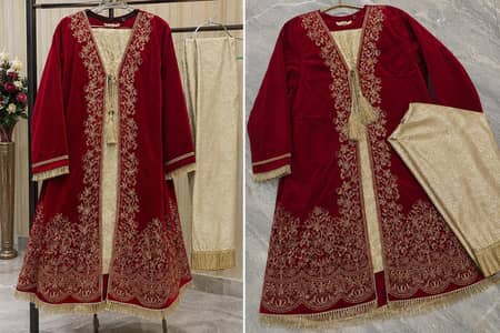 Maroon Velvet Double Shirt with Jamawar Pajama