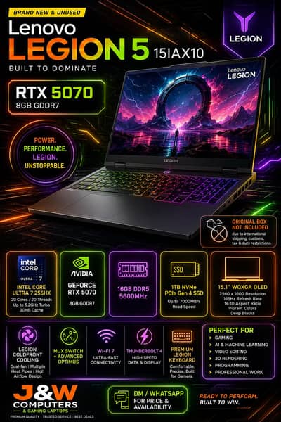 LENOVO LEGION 5/RTX 5070/ULTA 7 /QHD OLED GAMING BRAND NEW GAMING