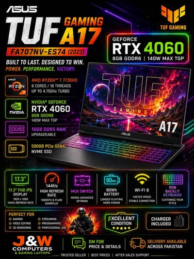 ASUS TUF A17/RTX 4060 8GB 140W/RYZEN 7/144JZ GAMING LAPTOP