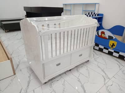 Baby Cot Bed With Mattress - 2 Large Storage - Up/Down Railing Door