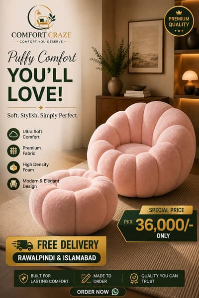 Comfort Craze | Luxury Bouclé Pumpkin Accent Chair with Ottoman