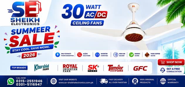 Khurshid, PAK, GFC, SK,Royal,All Brands AC DC And 30 Watt Inverter Fan