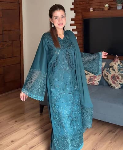 Teal majestique lawn cotton embroiderd dress
