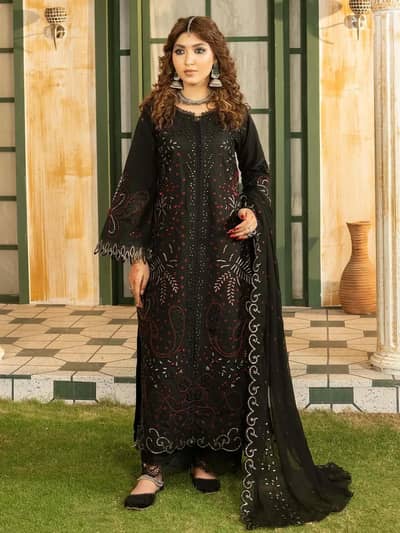 Lehran - U4B woman stiched embroidered lawn suit 3pic in black