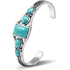 China Silver Tone Antique Synthetic Turquoise Cuff Bracelet (Hand Cuff