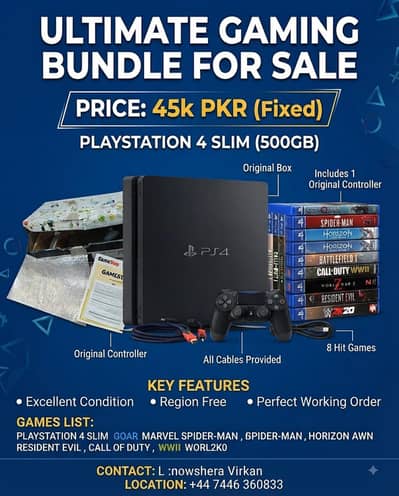 PlayStation 4 (PS4 Slim 500GB) Bundle8 Hit Games & Original Controller
