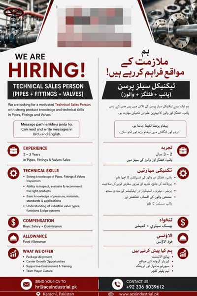 LOOKING FOR SALES AND TECHNICAL PERSON FOR PIPES/FITTINGS/VALVES WORK