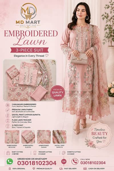 Premium Chikankari Embroidered Lawn 3-Piece Suit – Pink