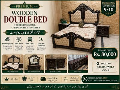 Wooden Double Bed + Mirror Console – Good Condition