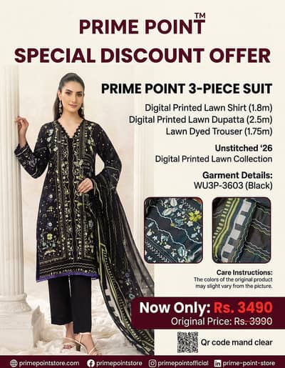 Original Prime Point 3-Piece Unstitched Lawn Suit (Design Code: WU3P-3