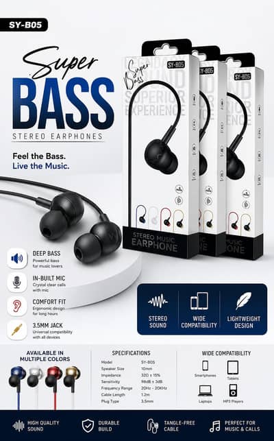 SY-B05 Super Bass Earphones with Mic – 3.5mm
