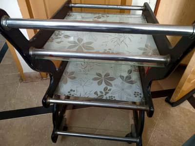 3-Tier Wooden & Glass Tea Trolley with Wheels – Good Condition
