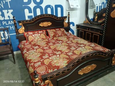 Bed, Double Bed, Set, Wood, Side Table, Mirror, Almari, Wardrobe, Furn