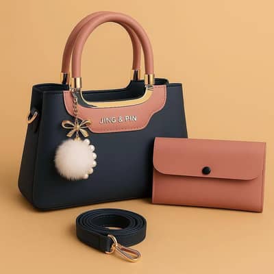 Pink Synthetic Leather Handbag With Belt & Keychain for Girls .
