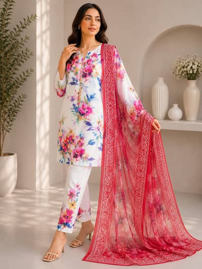 digital printed exclusive 3 piece swiss lown suit
